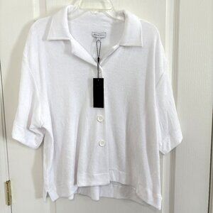 Gianni Bini Terry Button Front Top Short Sleeve Loungewear White Size Large NEW